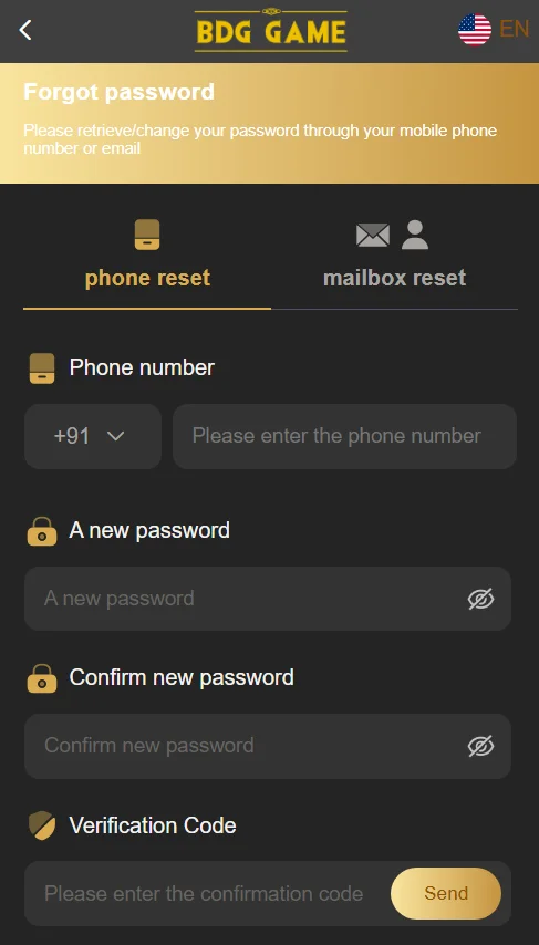 BDG Win password reset page